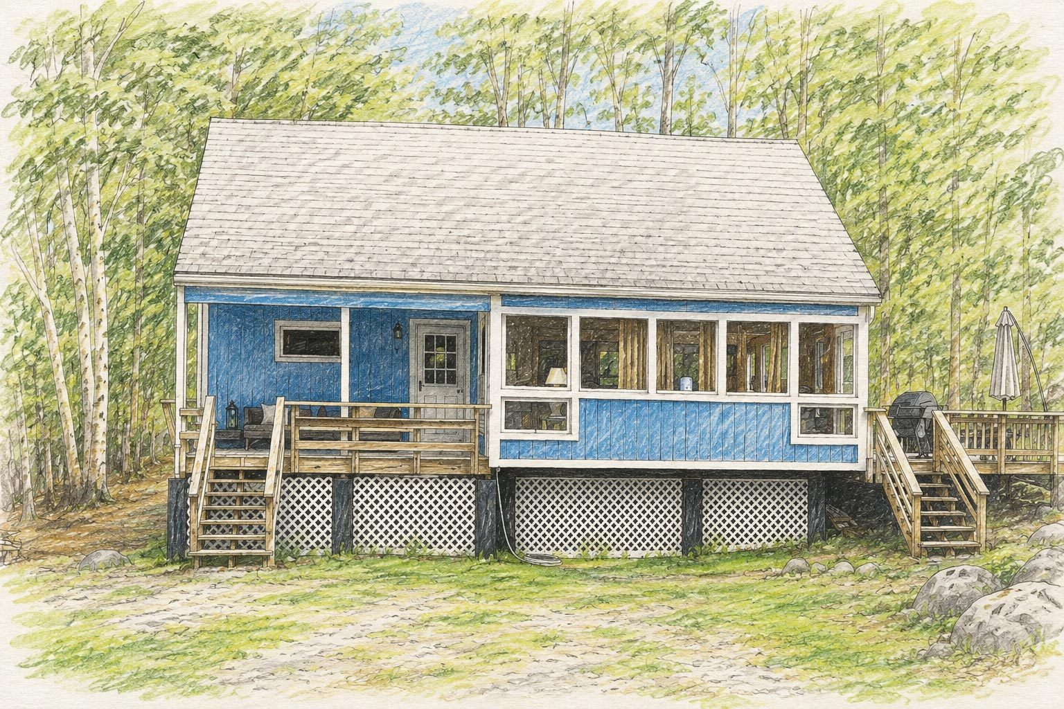 Illustration of Blue Birch Cottage at 40 Highpoint Drive, Frye Island, Maine